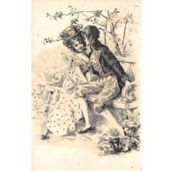 Illustrateur - n°88528 - Couple assis sur un banc, le jeune homme chuchotant à l'oreille de la jeune femme