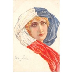 Illustrateur - n°87752 - Bourrillon - Portrait d'une femme portant un drapeau Français sur les cheveux
