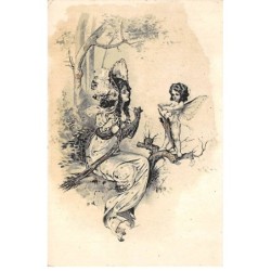 Illustrateur - n°88525 - Jeune femme assise près d'un arbre et parlant avec un cupidon