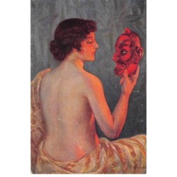 Illustrateur - n°88489 - Jeune femme de dos tenant un masque du diable - Carte vendue en l'état