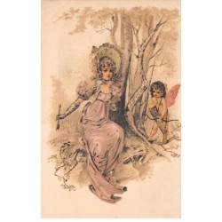 Illustrateur - n°88526 - Jeune femme assise près d'un arbre, tenant une flèche et parlant avec un cupidon
