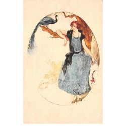 Illustrateur - n°87671 - Jeune femme près d'un paon posé sur une branche d'arbre