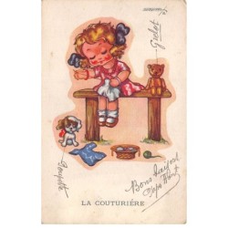 Illustrateur - n°88479 - La Couturière - Fillette cousant près d'un ours en peluche (Teddy Bear) et d'un chien
