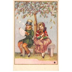 Illustrateur - n°88475 - Couple assis sur un banc, la femme portant un chien, l'homme fumant la pipe