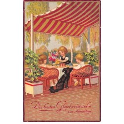 Illustrateur - n°88474 - Die besten Glückwünsche zum Namenstage - Enfants prenant le thé, avec un chien