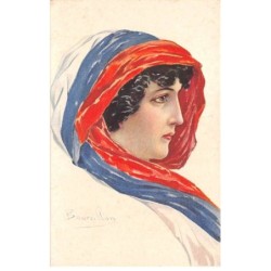 Illustrateur - n°87751 - Bourrillon - Femme de profil portant un drapeau sur les cheveux
