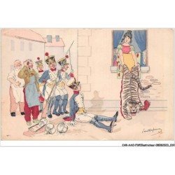 CAR-AAOP1-0008 - ILLUSTRATEUR - UN HOMME ASSIS TERRE AVEC SON GROUPE D'AMIS LE SUIVANT ET UNE FEMME SON LINGE-DUFRESNE