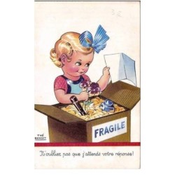 ILLUSTRATEURS.THE BENOIT.N'OUBLIER PAS QUE J'ATTENDS VOTRE REPONSE! JEUNE ENFANT PREPARANT UN COLIS