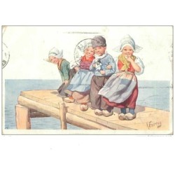 ILLUSTRATEURS.n°7561.ENFANTS EN SABOTS SUR UN PONTON