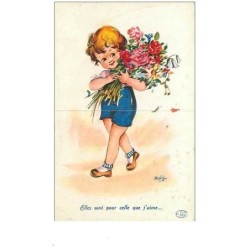 ILLUSTRATEURS.n°8992.MATEJA.ELLES SONT POUR CELLE QUE J'AIME.GARCONNET PORTANT DES FLEURS