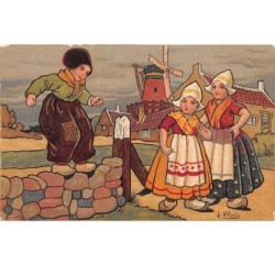 llustrateur - n°60405 - Enfants, avec un moulin à vent au fond