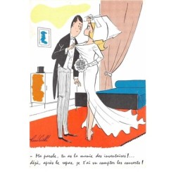 illustrateur. n°105345 .rene caille .cpsm .ma parole tu as la manie ... compter les couverts !