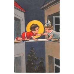 Illustrateur - n°87702 - Deux enfants sur une passerelle entre deux fenêtre au clair de lune