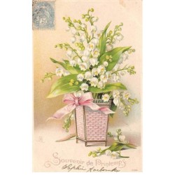 Illustrateur - n°87635 - M. Boulanger - Souvenir de Printemps - Brins de muguets dans un pot - Carte gaufrée