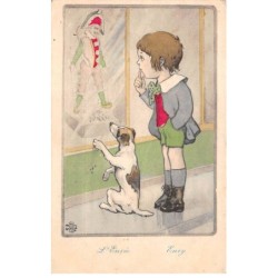 Illustrateur - n°87658 - L'Envie - Garçon et chien regardant une poupée type Arlequin dans une vitrine