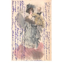 Illustrateur - n°66893 - Femme en tenue de soirée s'éventant - Carte coloriée à la main