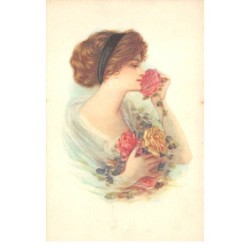 Illustrateur - n°65582 - Jeune femme de profil sentant des roses