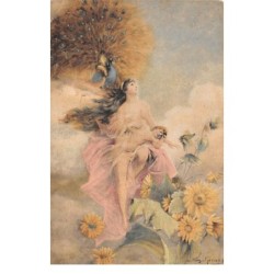 Illustrateur - n°66774 - Home-Decor - Jeune femme, portant un ange, avec des fleurs et un paon