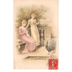 Illustrateur - n°65594 - Jeunes femmes sur une terrasse admirant un paon