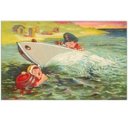 ILLUSTRATEURS.n°23661.C'ETAIT MOINS CINQ.GARCONNET EN BATEAU ET FILLETTE A L'EAU
