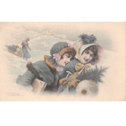 Illustrateur - n°65595 - Jeunes femmes apportant un sapin