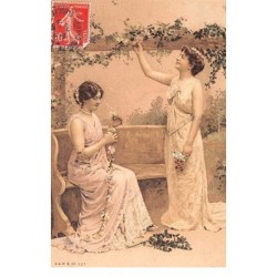 Illustrateur - n°65589 - Deux jeunes femmes faisant des guirlandes avec des fleurs