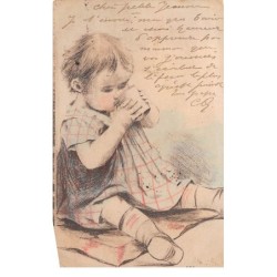 Illustrateur - n°65584 - Bébé buvant dans un verre