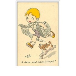 ILLUSTRATEURS.H DID.A DEUX C'EST MOINS FATIGUANT.GARCONNET ET SON CHIEN DISTRIBUANT LE JOURNAL