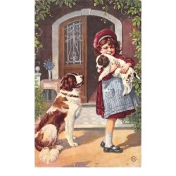 Illustrateur - n°68398 - Fillette portant un chiot sous le regard de la chienne - 1952