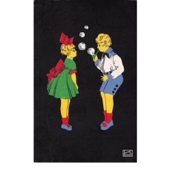 Illustrateur - n°68401 - Fillette regardant un garçon faisant des bulles de savon