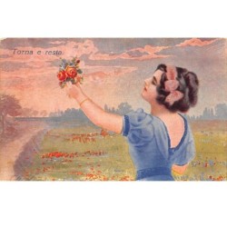 Illustrateur - n°68410 - Torna e resta - Jeune femme admirant un bouquet de fleurs