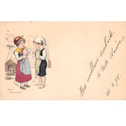 Illustrateur - n°68384 - Deux jeunes enfants mangeant des friandises dans un cornet
