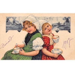 Illustrateur - n°66905 - Jeune couple de hollandaise buvant un chocolat chaud - Carte gaufrée