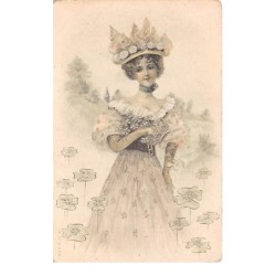 Illustrateur - n°68368 - Jeune femme avec un bouquet de trèfles à 4 feuilles