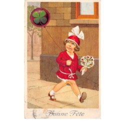 Illustrateur - n°68387 - Bonne Fête - Fillette tenant un ballon avec dessus un trèfle à 4 feuilles