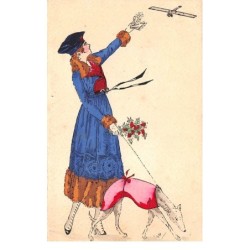 Illustrateur - n°66790 - Jeune femme saluant un avion promenant en chien - Carte peinte à la main