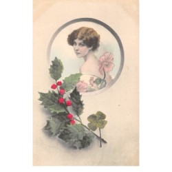 Illustrateur - n°66807 - Profil d'une jeune femme légèrement de dos dans un médaillon décoré de houx - n°380