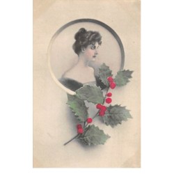 Illustrateur - n°66806 - Profil d'une jeune femme dans un médaillon décoré de houx - n°380