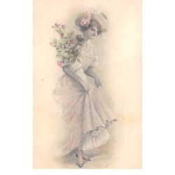 Illustrateur - n°66792 - Jeune femme portant un bouquet de roses
