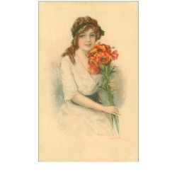 ILLUSTRATEURS.n°31484.FEMME TENANT UN BOUQUET DE FLEUR ROUGE ORANGES
