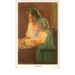 ILLUSTRATEURS.n°3453.THE LESSON.FEMME ET FILLETTE REVISANT UNE LECON