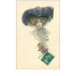 ILLUSTRATEURS.n°26133.FEMME A L'ENORME CHAPEAU BLEU.GENRE MUCHA