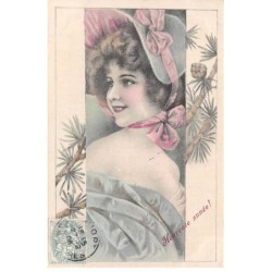 Illustrateur - n°91794 - Heureuse Année - Jeune femme avec un chapeau et les épaules dénudées