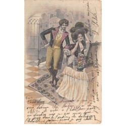 Illustrateur - n°91744 - Homme regardant sa femme mettant son chapeau - Carte publicitaire Melle A. Grainé