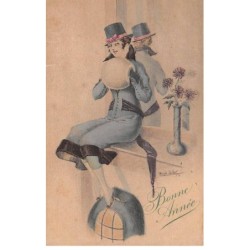 Illustrateur - n°91793 - René Gilles - Bonne Année - Une femme assise sur le rebord d'une cheminée devant un miroir