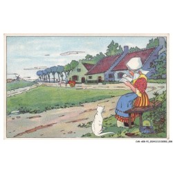 CAR-AEBP2-0056-ILLUSTRATEUR - FELECIE-PHILIPPE - UNE FEMME ET UN CHAT - MAISONS