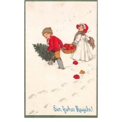 Illustrateurs - n°69173 - Ein frohes Neujahr - Un garçon et une fille portant un sapin et un panier rempli de pomme