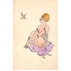 Illustrateurs - n°71773 - Jeune femme en tenue légère assise et regardant un oiseau