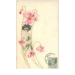 ILLUSTRATEURS.n°4354.FEMME.DECOR DE FLEURS ROSES.CP GAUFFREE