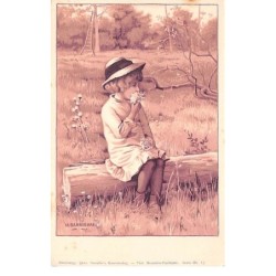 Illustrateurs - n°69212 - H. Bannerman - Fillette sentant des fleurs assise sur un tronc dans un pré